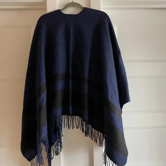 Claudie Pierlot black and blue stripe and fringe cape style poncho cover-up OS - Picture 4 of 4